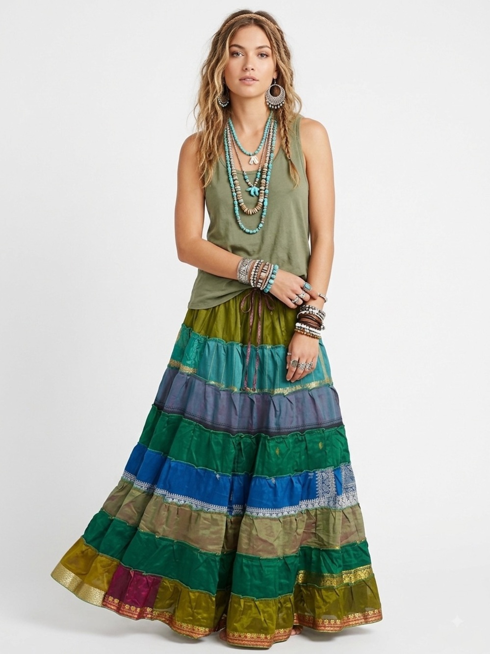 54. Bohemian Tiered Patchwork Maxi Skirt Gypsy Festival